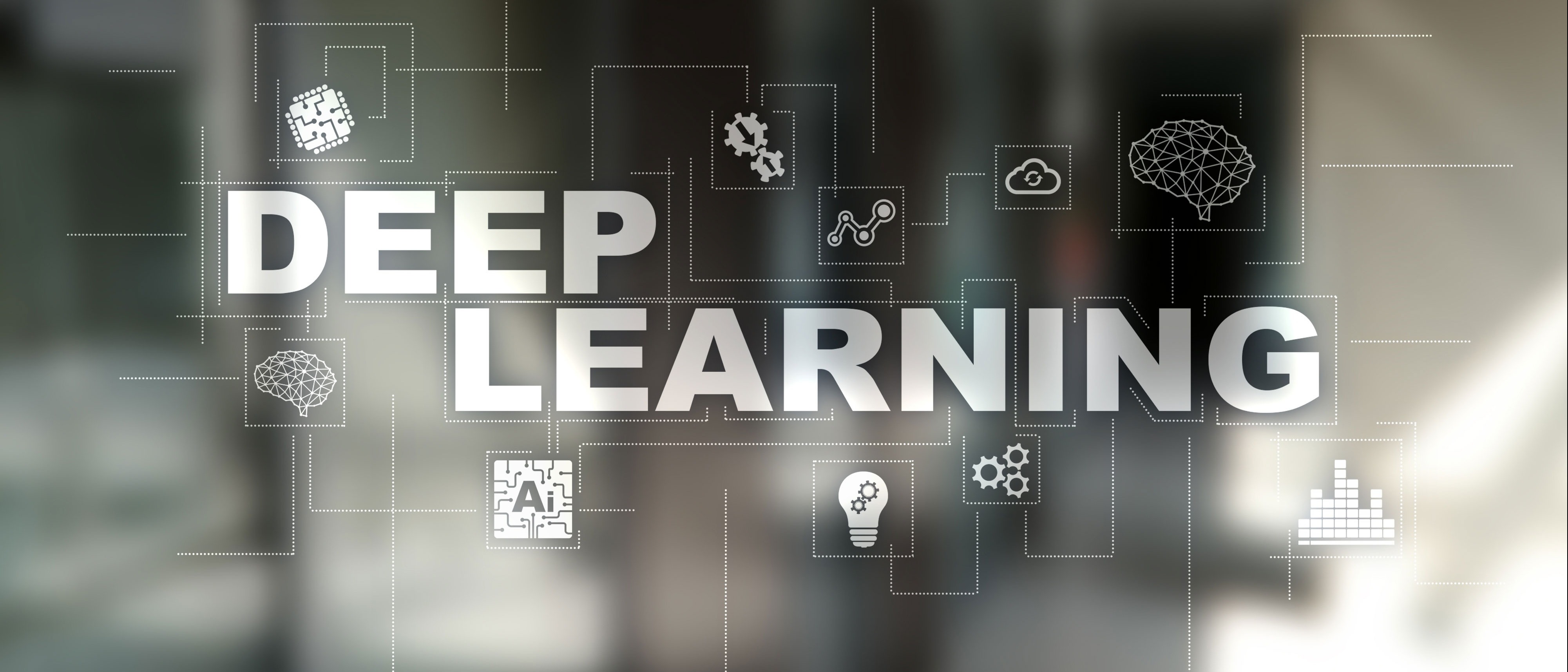 Deep Learning text on blurred background with neural icons like brain, circuit, and gear,